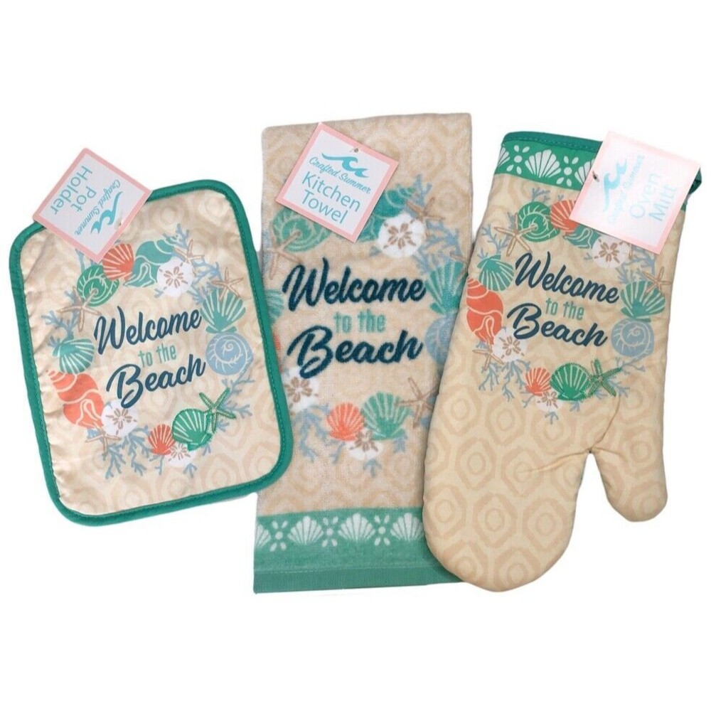 Shell Wreath Welcome Beach Dish Towel Oven Mitt Potholder Tropical Set of 3